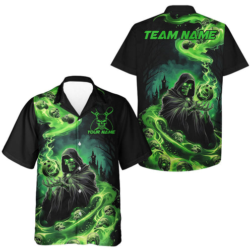 Black And Green Grim Reaper Custom Halloween Bowling Team Hawaiian Shirts For Men And Women, Bowling Gift IPHW7612