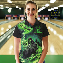 Load image into Gallery viewer, Black And Green Grim Reaper Custom Halloween Bowling Team Shirts For Men, Bowling Gifts IPHW7612