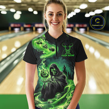 Load image into Gallery viewer, Black And Green Grim Reaper Custom Halloween Bowling Team Shirts For Men, Bowling Gifts IPHW7612