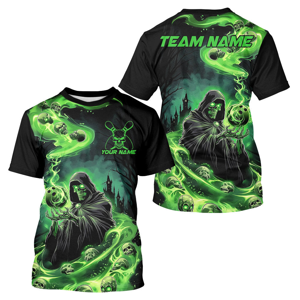 Black And Green Grim Reaper Custom Halloween Bowling Team T-Shirts For Men, Bowling Gift IPHW7612