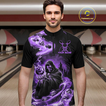 Black And Purple Grim Reaper Custom Halloween Bowling Team Shirts For Men, Bowling Gifts IPHW7613