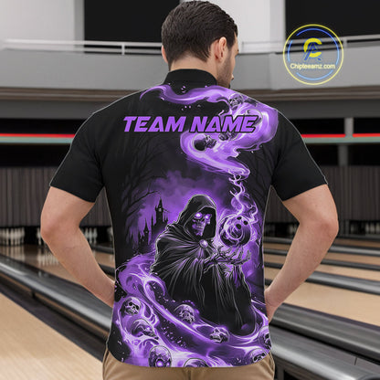 Black And Purple Grim Reaper Custom Halloween Bowling Team Shirts For Men, Bowling Gifts IPHW7613