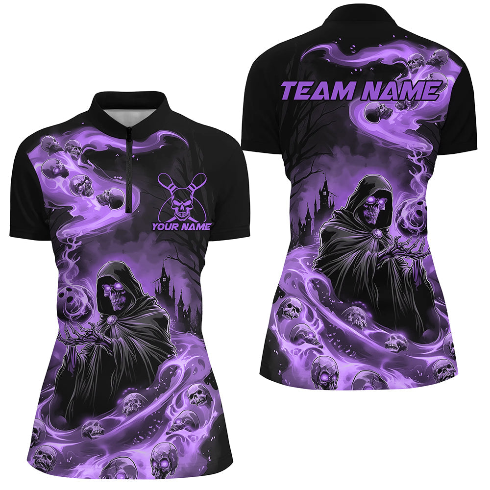 Black And Purple Grim Reaper Custom Halloween Bowling Team Shirts For Women, Bowling Gifts IPHW7613
