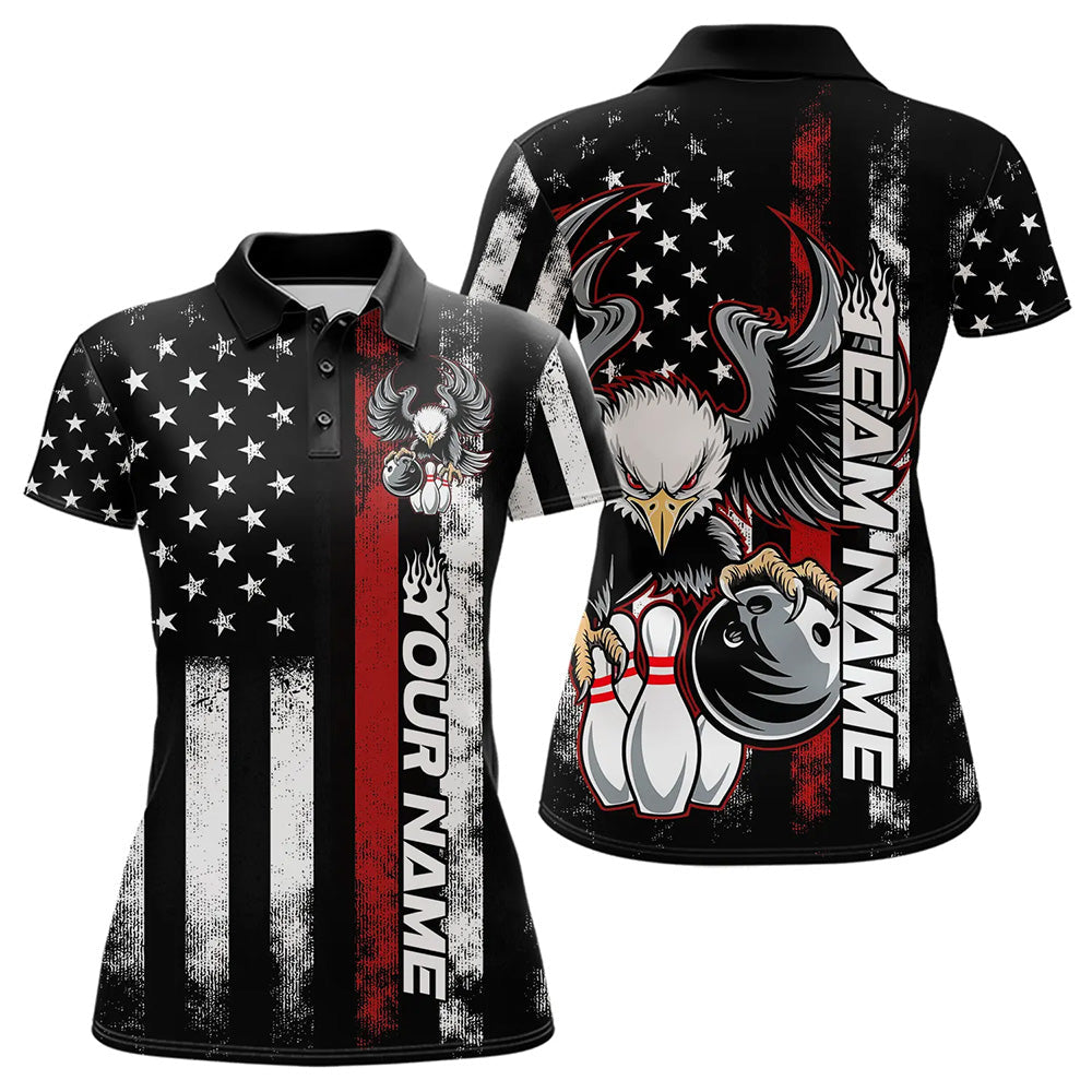 Custom Red Thin Line American Flag Eagle Bowling Women Polo Shirts, Patriotic US Bowling IPHW8736