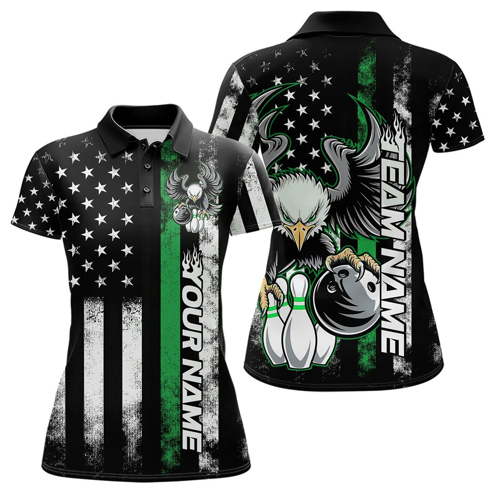 Custom Green Thin Line American Flag Eagle Bowling Women Polo Shirts, Patriotic US Bowling IPHW8737