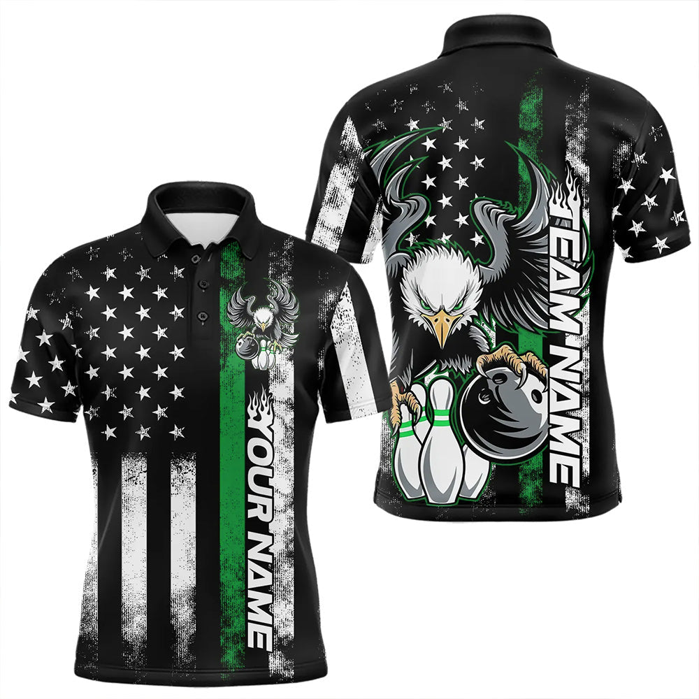Custom Green Thin Line American Flag Eagle Bowling Men Polo Shirts, Patriotic US Bowling Shirt IPHW8737