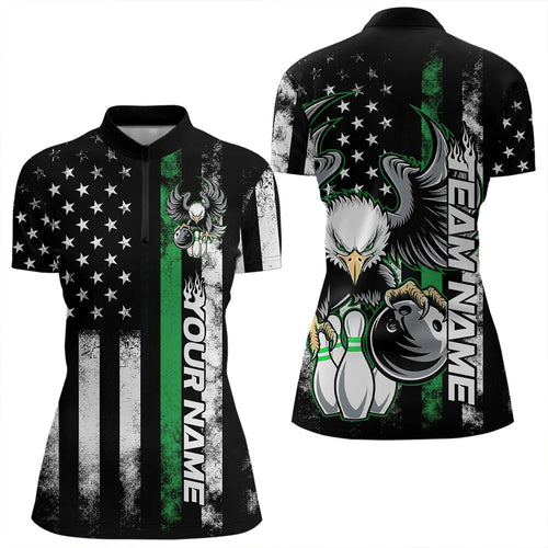 Custom Green Line American Flag Eagle Bowling Women Quarter-Zip Shirt, Patriotic Bowling IPHW8737