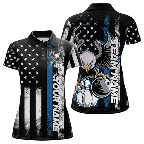 Custom Blue Thin Line American Flag Eagle Bowling Women Polo Shirts, Patriotic US Bowling IPHW8738