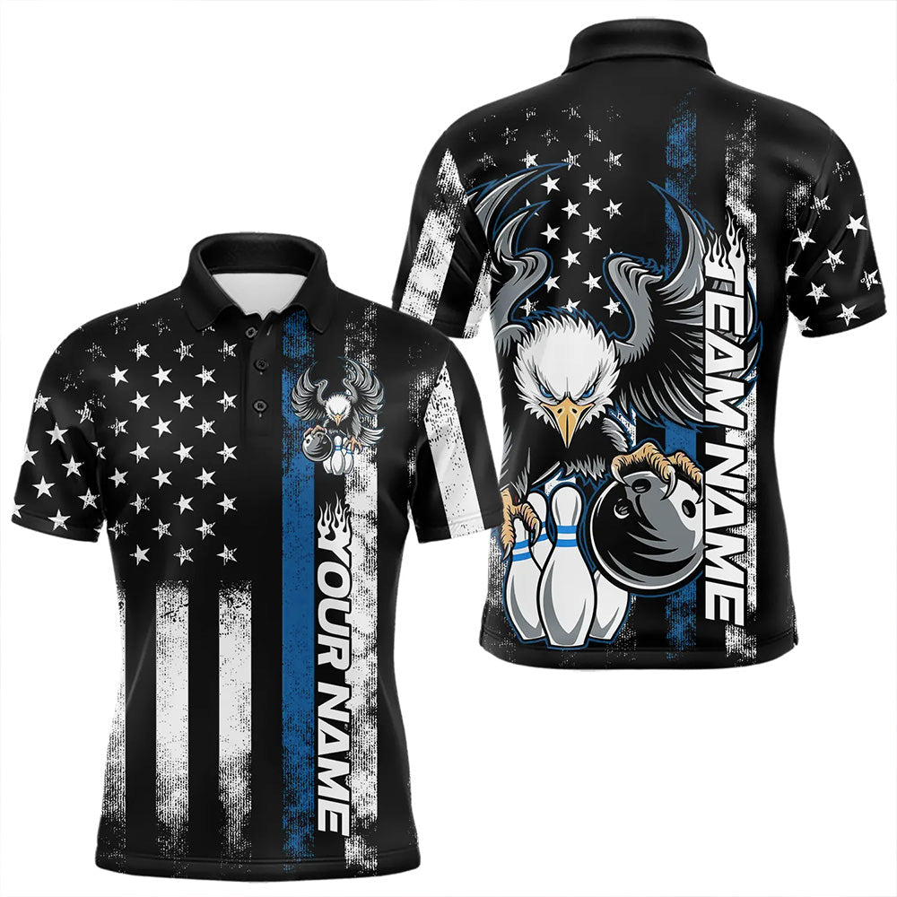 Custom Blue Thin Line American Flag Eagle Bowling Men Polo Shirts, Patriotic US Bowling Shirt IPHW8738