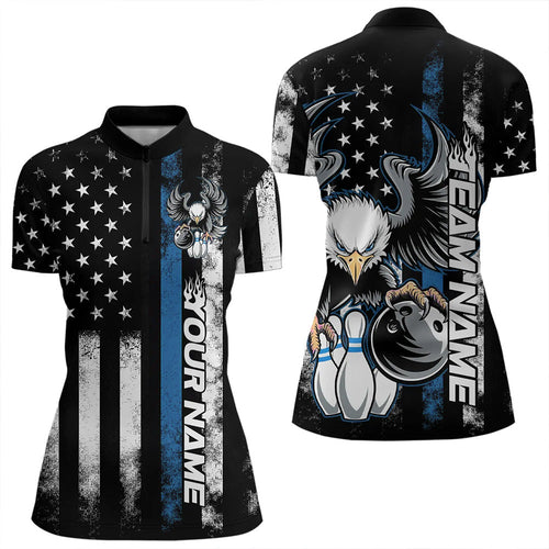 Custom Blue Line American Flag Eagle Bowling Women Quarter-Zip Shirt, Patriotic Bowling IPHW8738