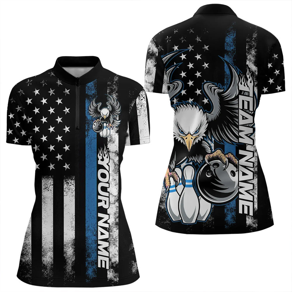 Custom Blue Line American Flag Eagle Bowling Women Quarter-Zip Shirt, Patriotic Bowling IPHW8738