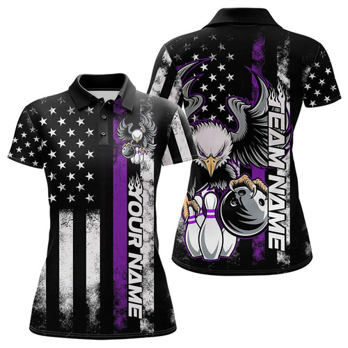 Custom Purple Thin Line American Flag Eagle Bowling Women Polo Shirts, Patriotic US Bowling IPHW8739
