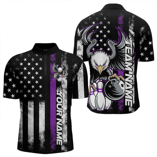 Custom Purple Thin Line American Flag Eagle Bowling Men Quarter-Zip Shirts, Patriotic US Bowling IPHW8739