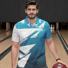 Load image into Gallery viewer, Custom White And Blue Bowling Team Polo Shirts For Men, Bowling Ball Pattern Bowlers Outfit IPHW8741