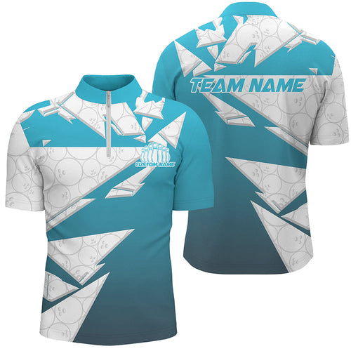 Custom White And Blue Bowling Team Quarter-Zip Shirts For Men, Bowling Ball Pattern Bowlers Outfit IPHW8741