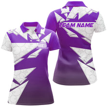 Load image into Gallery viewer, Custom White And Purple Bowling Team Womens Polo Shirt, Bowling Ball Pattern Bowlers Outfit IPHW8742