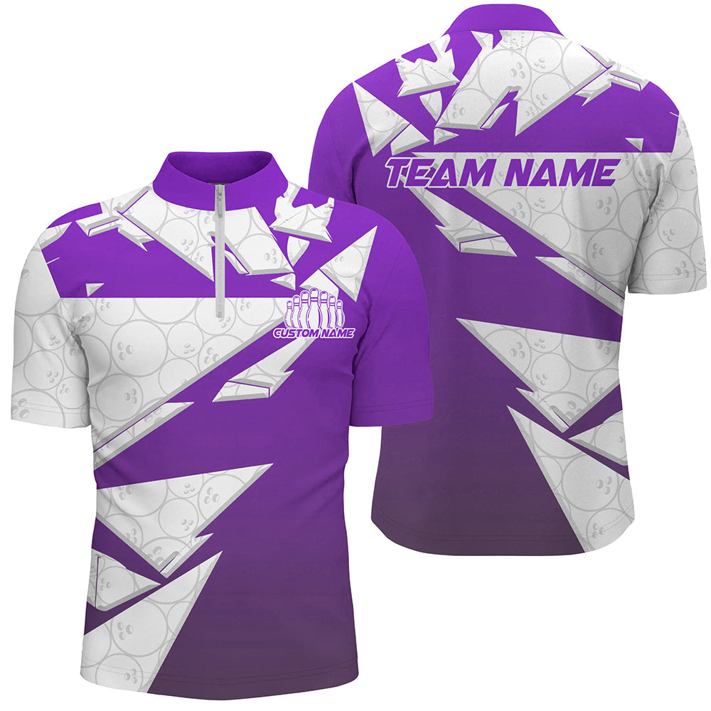 Custom White And Purple Bowling Team Men Quarter-Zip Shirts, Bowling Ball Pattern Bowlers Outfit IPHW8742