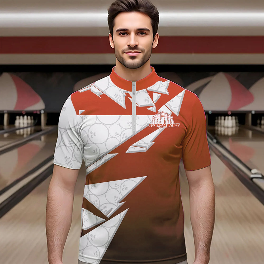 Custom White And Orange Bowling Team Men Quarter-Zip Shirts, Bowling Ball Pattern Bowlers Outfit IPHW8743