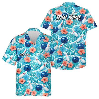 Custom Blue Tropical Leaves And Hibiscus Flower Hawaiian Bowling Shirt For Men And Women IPHW10840