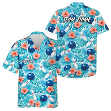 Load image into Gallery viewer, Custom Blue Tropical Leaves And Hibiscus Flower Hawaiian Bowling Shirt For Men And Women IPHW10840