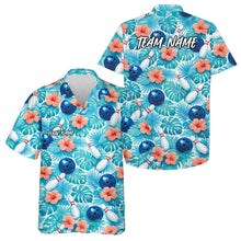 Load image into Gallery viewer, Custom Blue Tropical Leaves And Hibiscus Flower Hawaiian Bowling Shirt For Men And Women IPHW10840