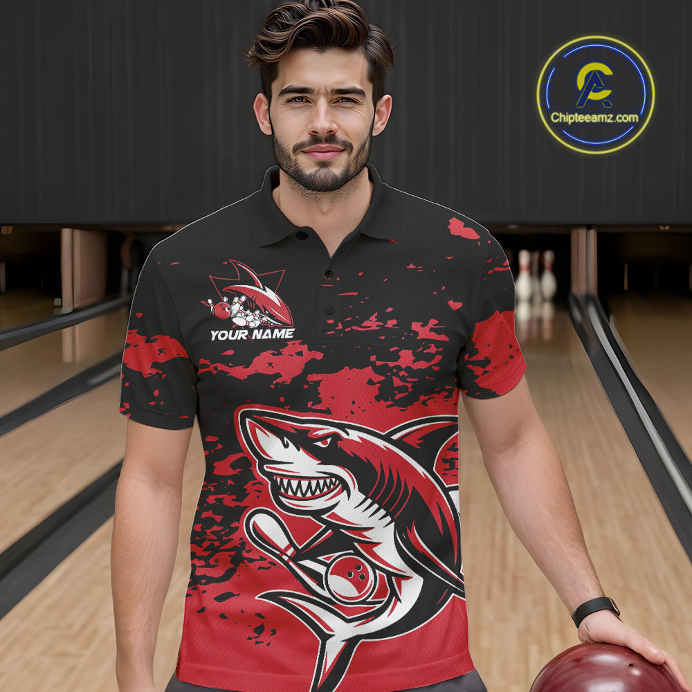Custom Black And Red Camo Shark Bowling Team Men Polo Shirts, Bowling Tournament Shirt IPHW8995