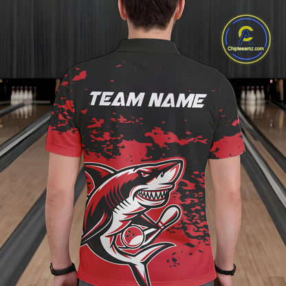 Custom Black And Red Camo Shark Bowling Team Men Polo Shirts, Bowling Tournament Shirt IPHW8995