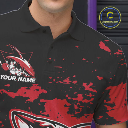 Custom Black And Red Camo Shark Bowling Team Men Polo Shirts, Bowling Tournament Shirt IPHW8995