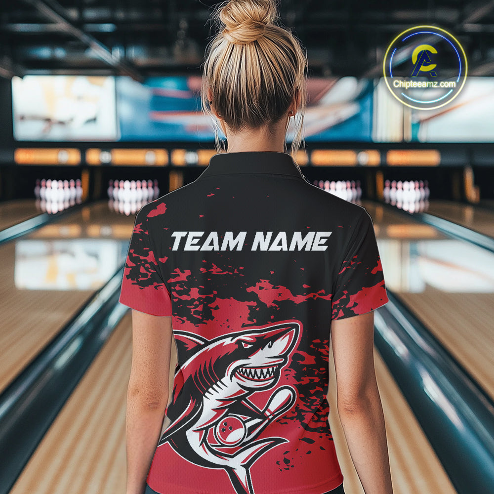 Custom Black And Red Camo Shark Bowling Team Women Polo Shirts, Bowling Tournament Shirt IPHW8995