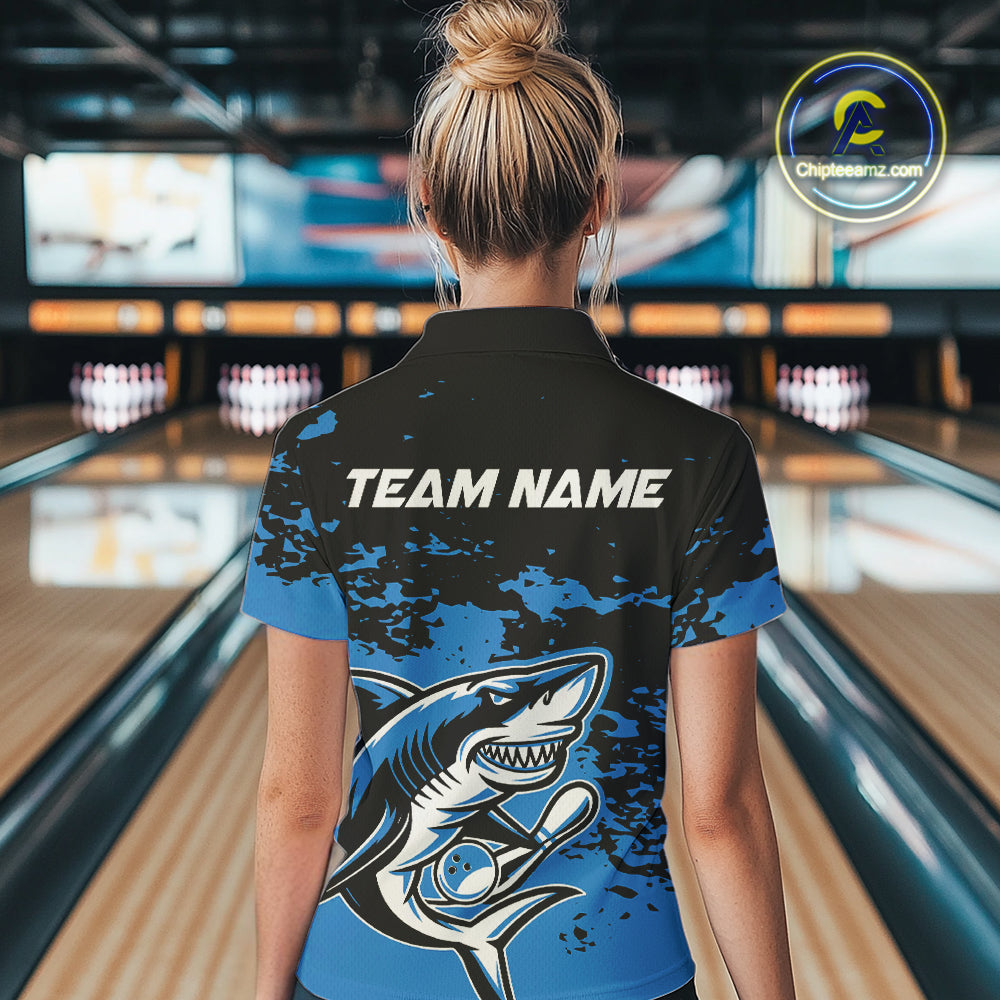Custom Black And Blue Camo Shark Bowling Women Quarter-Zip Shirt, Tournament Shirt IPHW8996