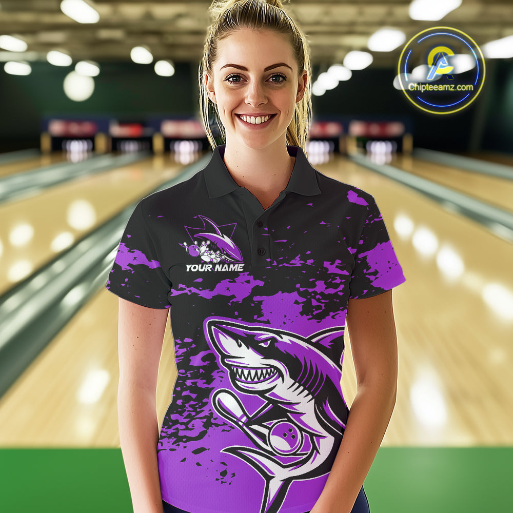 Custom Black And Purple Camo Shark Bowling Women Polo Shirts, Bowling Tournament Shirt IPHW8997