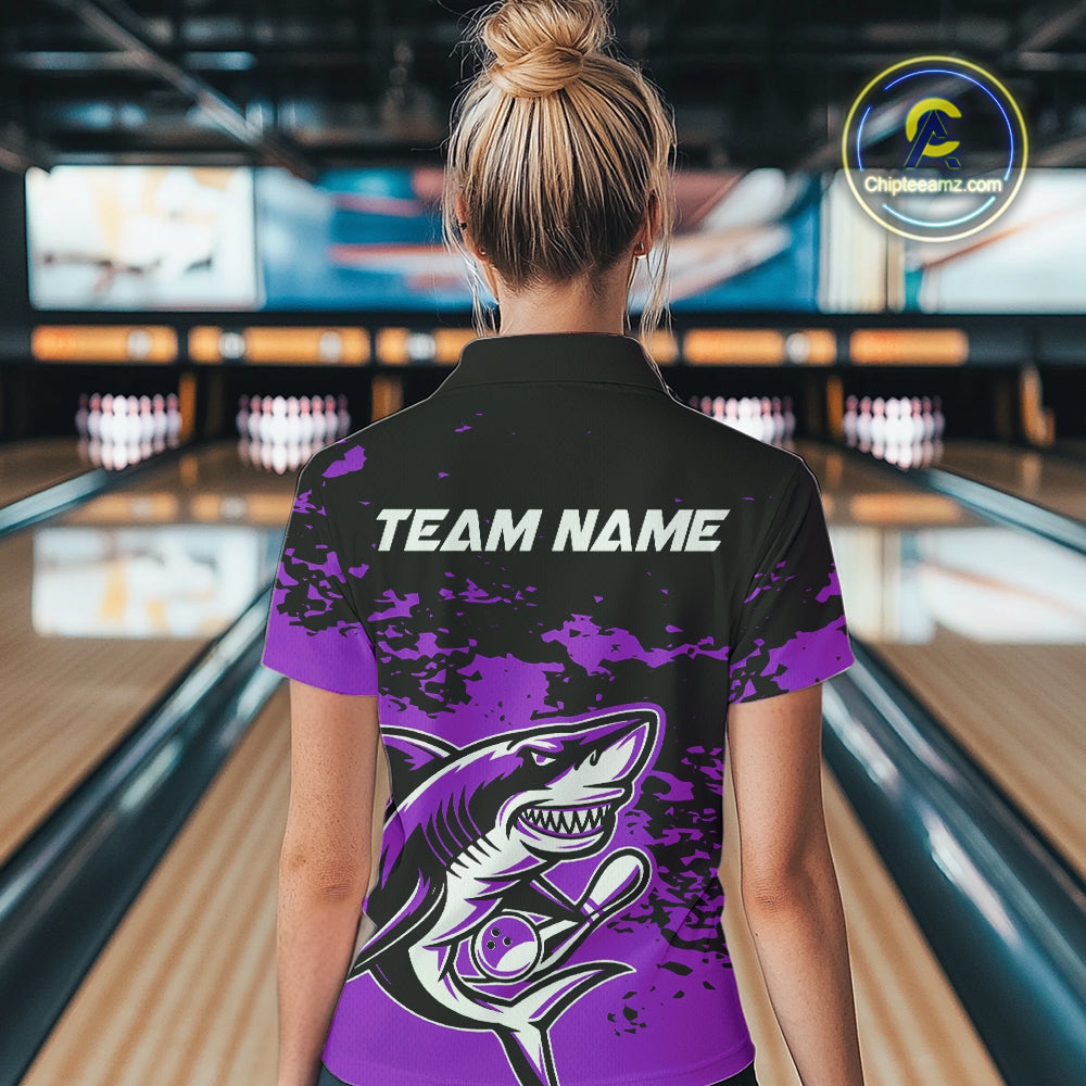 Custom Black And Purple Camo Shark Bowling Women Polo Shirts, Bowling Tournament Shirt IPHW8997
