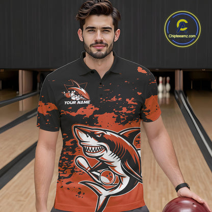 Custom Black And Ornage Camo Shark Bowling Team Men Polo Shirts, Bowling Tournament Shirt IPHW8998