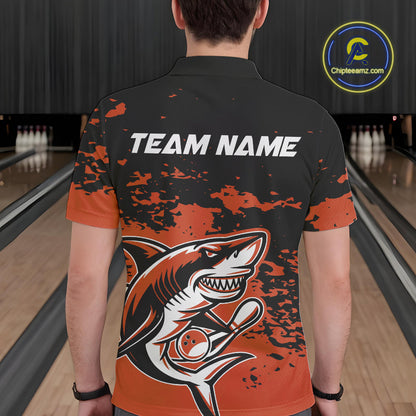 Custom Black And Ornage Camo Shark Bowling Team Men Polo Shirts, Bowling Tournament Shirt IPHW8998