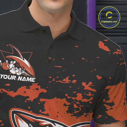 Custom Black And Ornage Camo Shark Bowling Team Men Polo Shirts, Bowling Tournament Shirt IPHW8998