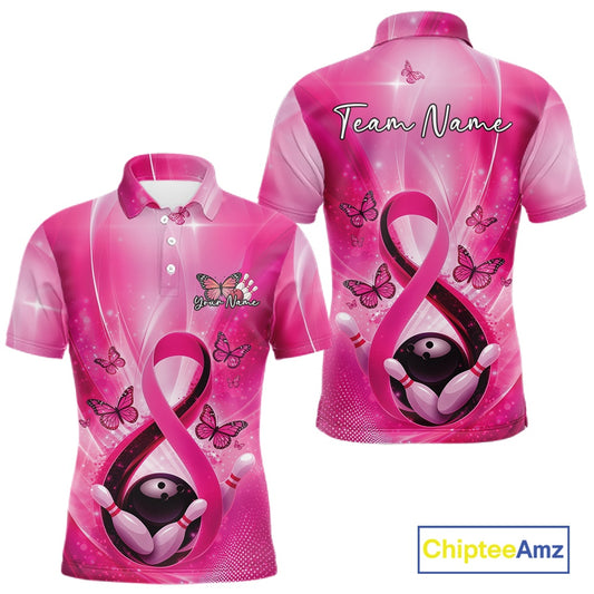 Front and back mens bowling polo mockup featuring a pink awareness ribbon wrapped around a bowling ball with butterflies and bowling pins.