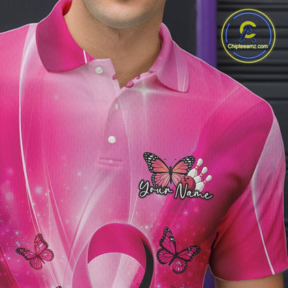 Left chest detail of a bowling polo featuring a pink awareness ribbon around a bowling ball with butterfly accents.