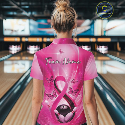 Back view of a womens quarter-zip bowling shirt featuring a pink awareness ribbon, butterflies, and bowling-themed graphics.