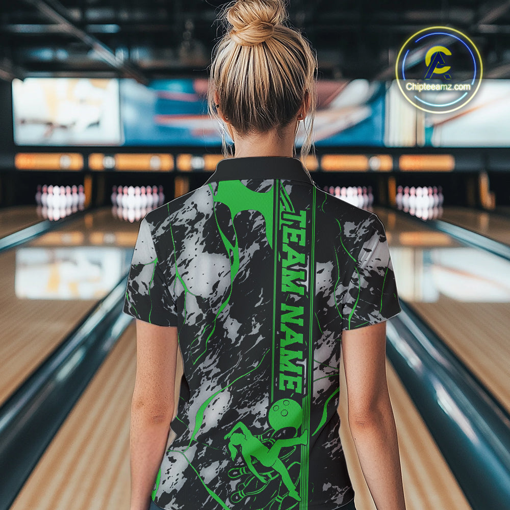 Custom Green And Gray Camo Strike Bowling Women Quarter-Zip Team Shirts, Bowling Jersey IPHW9243