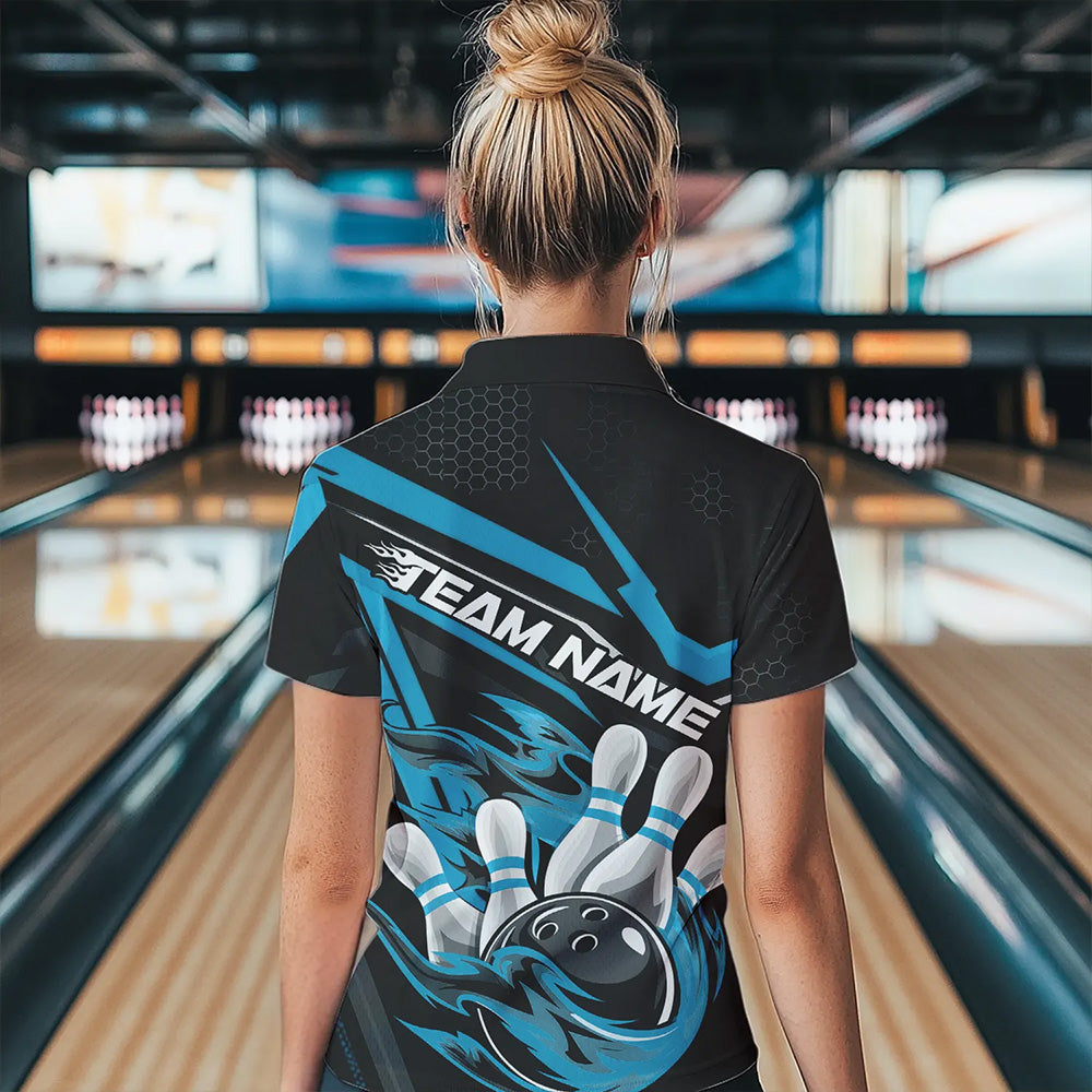 Custom Black And Blue Flame Bowling Team Women Quarter-Zip Shirt, Fire Bowling League Shirt IPHW8769