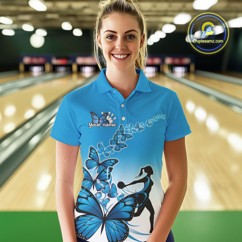 Custom Blue Gradient Butterfly Bowling Team Women Polo Shirts, Butterflies Bowlers Outfit IPHW9008