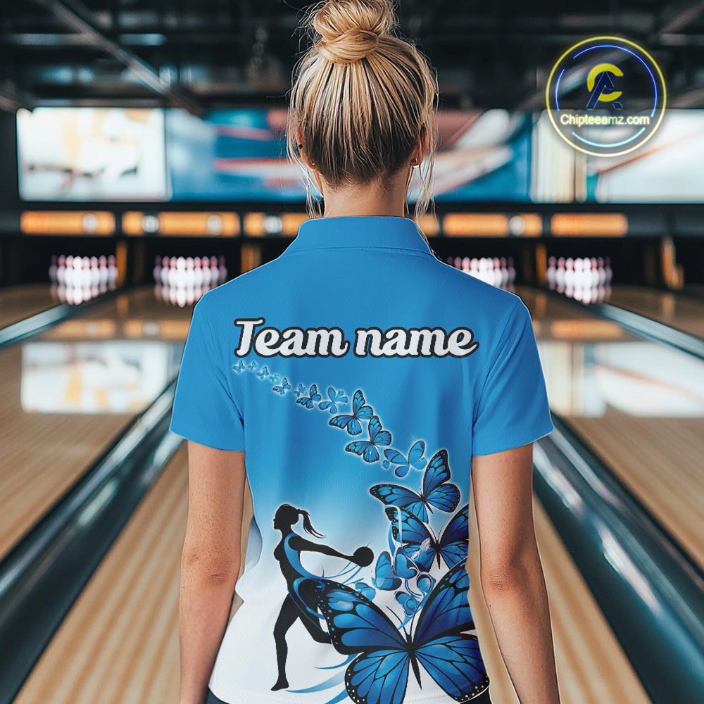 Custom Blue Gradient Butterfly Bowling Team Women Polo Shirts, Butterflies Bowlers Outfit IPHW9008