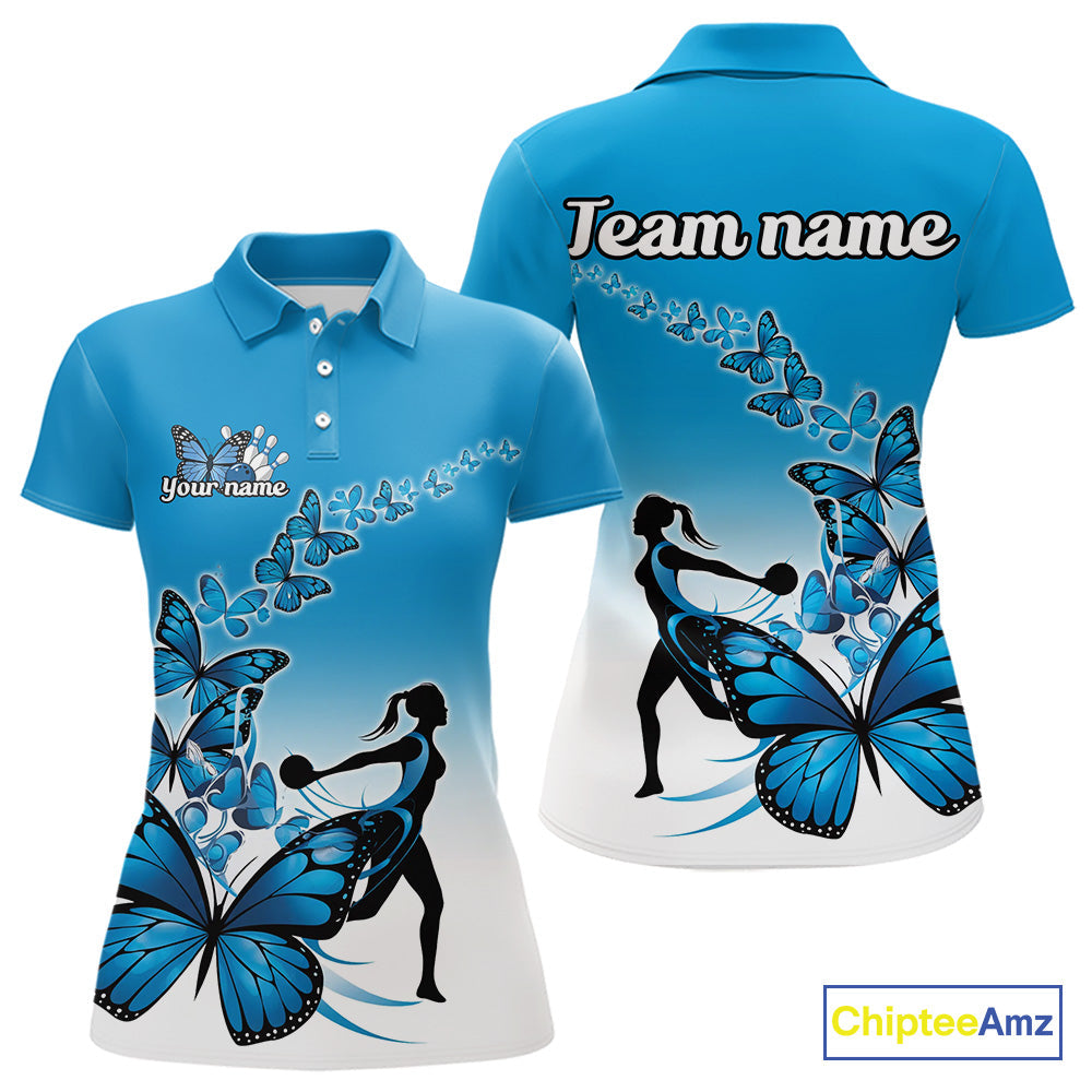Custom Blue Gradient Butterfly Bowling Team Women Polo Shirts, Butterflies Bowlers Outfit IPHW9008