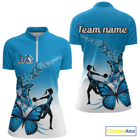 Custom Blue Gradient Butterfly Bowling Team Women Quarter-Zip Shirts, Bowlers Outfit IPHW9008