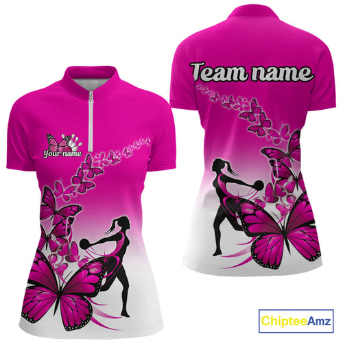 Custom Pink Gradient Butterfly Bowling Team Women Quarter-Zip Shirts, Bowlers Outfit IPHW9009