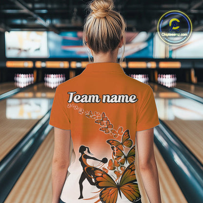 Custom Orange Gradient Butterfly Bowling Team Women Polo Shirt, Butterflies Bowler Outfit IPHW9010