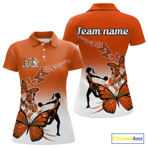 Custom Orange Gradient Butterfly Bowling Team Women Polo Shirt, Butterflies Bowler Outfit IPHW9010