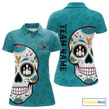 Load image into Gallery viewer, Custom Blue Sugar Skull Bowling Team Polo Shirts For Women, Halloween Bowlers Outfit IPHW9255