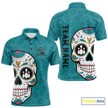 Load image into Gallery viewer, Custom Blue Sugar Skull Bowling Team Polo Shirts For Men, Halloween Bowlers Outfit IPHW9255