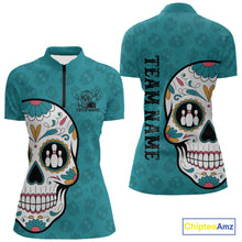 Load image into Gallery viewer, Custom Blue Sugar Skull Bowling Team Women Quarter-Zip Shirt, Halloween Bowlers Outfit IPHW9255